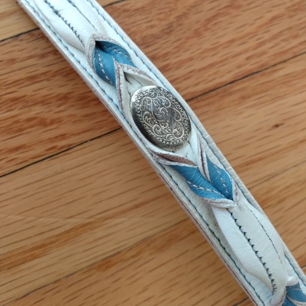 Vintage Leather Western Conch Belt White Blue Silver Coastal Cowgirl